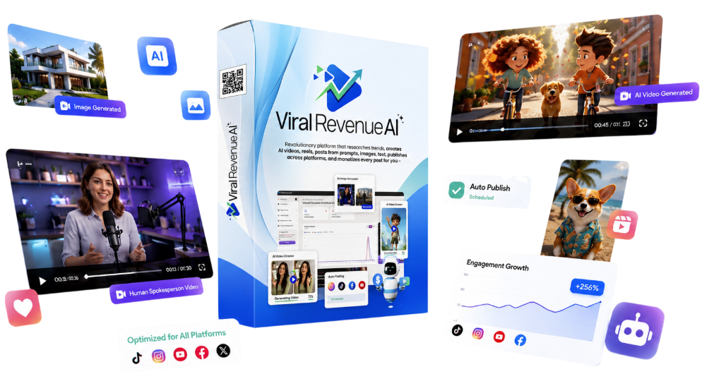ViralRevenueAI Review dashboard with AI video creation and editing tools.